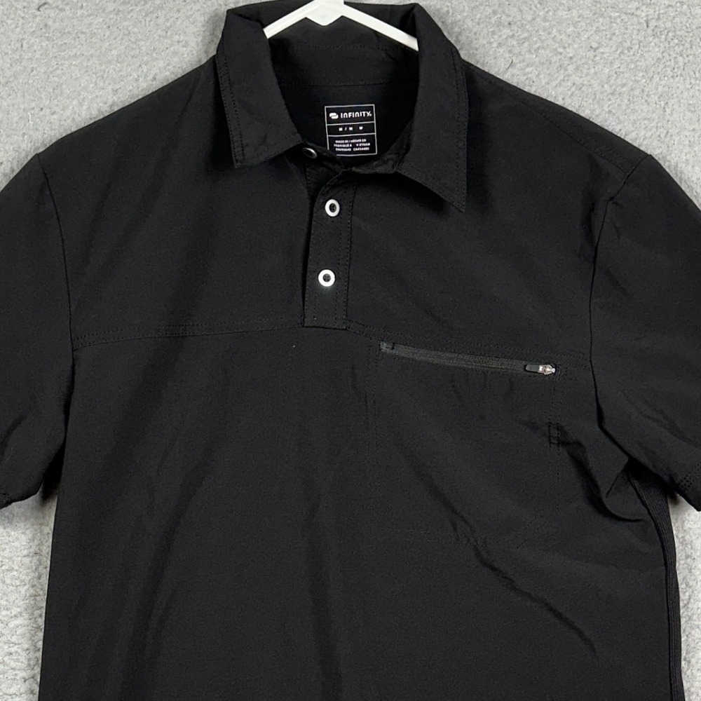 Infinity Performance Polo Shirt Mens Medium Black Zip Pocket Rugby Stretch Logo